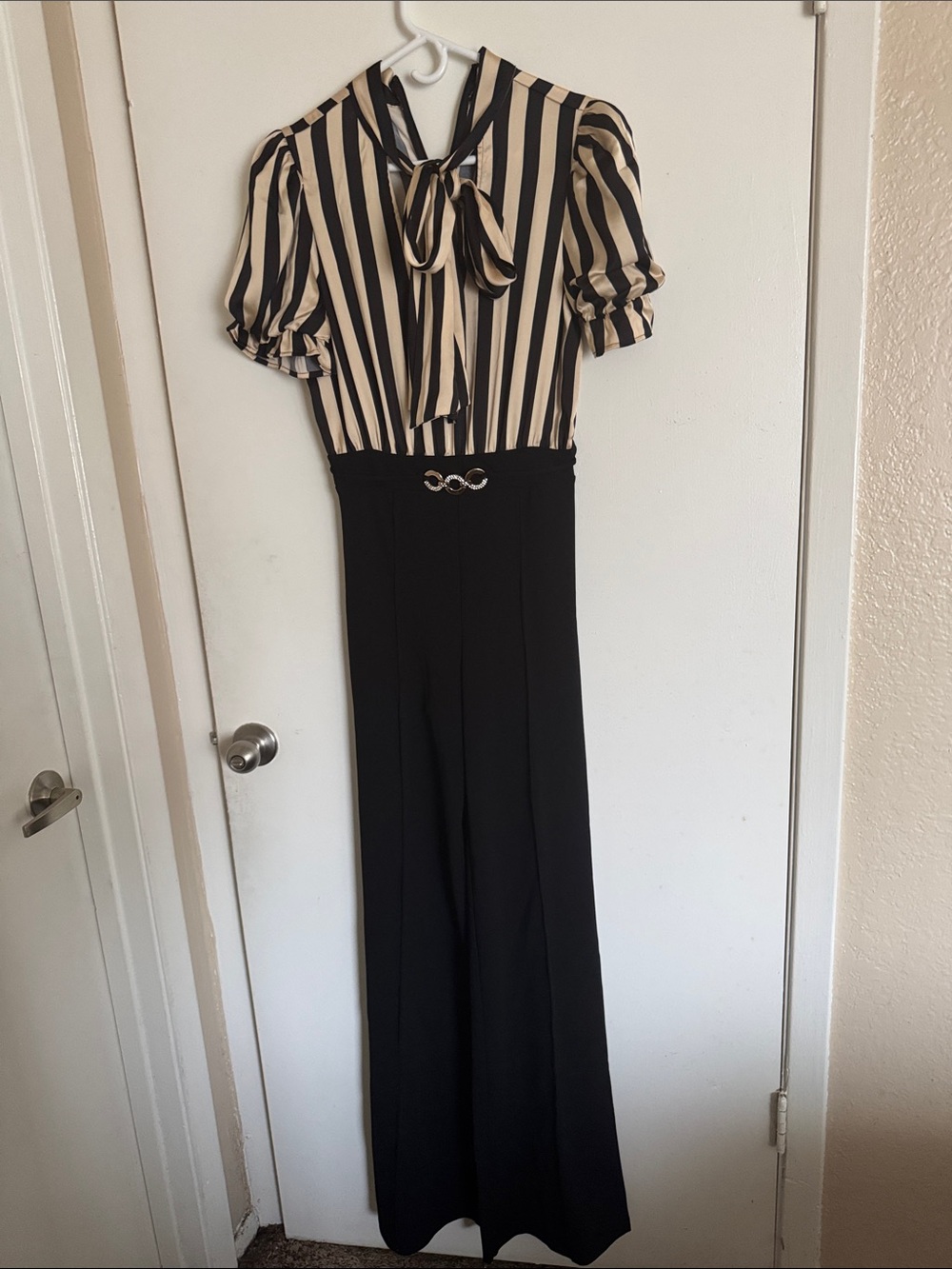 Fashion Nova Black and Cream Striped Tie-Neck Jumpsuit - Picture 5 of 5